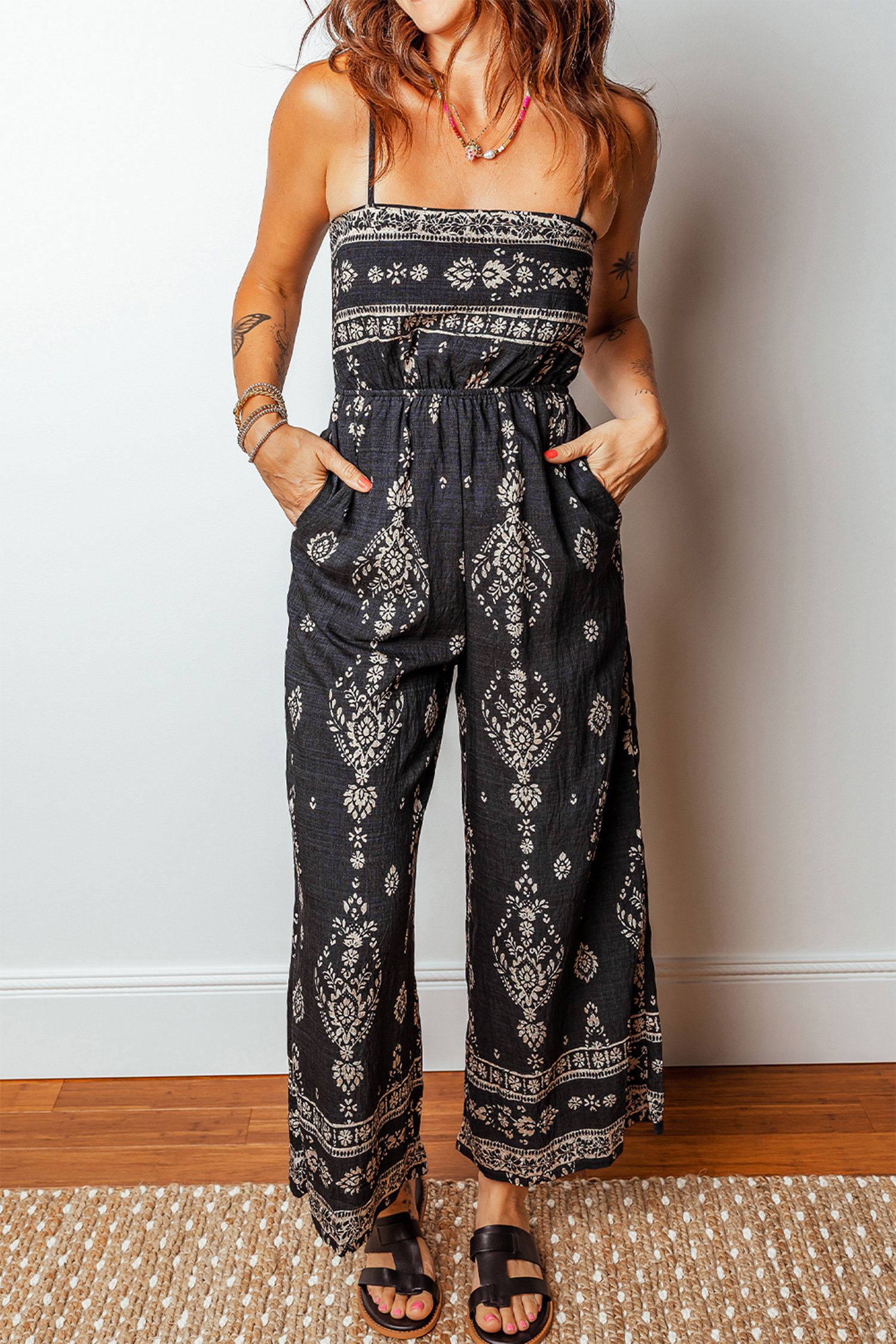 Black Spaghetti Straps Elastic Waist Loose Ethnic Print Jumpsuit - Image 4