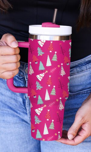 Rose Red Cartoon Christmas Tree Printed Thermos Cup 40oz