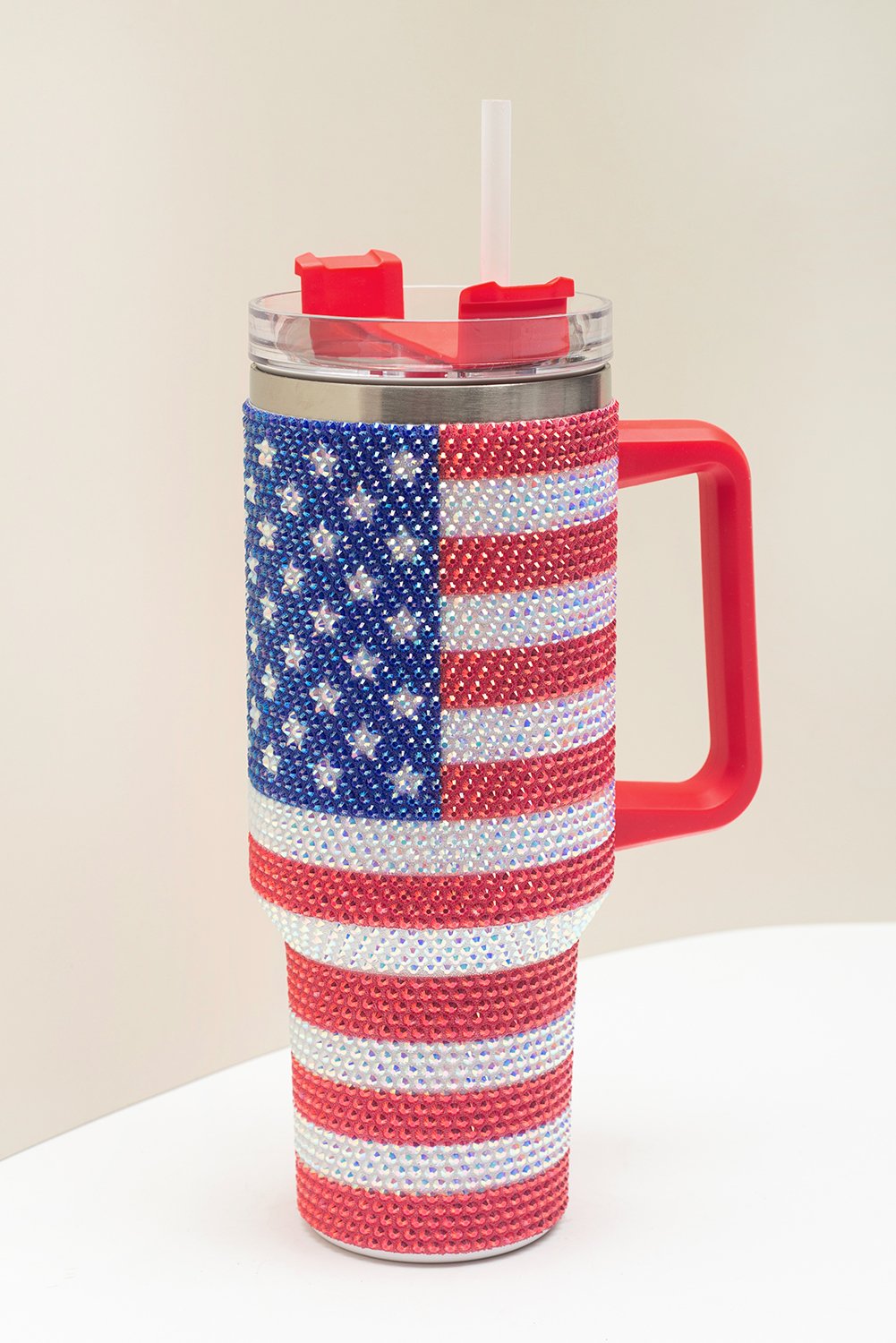 Red Rhinestone American Flag Print Handled 40oz Thermos Tumbler - Image 4