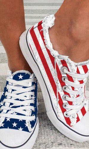 Blue American Flag Lace-up Canvas Flat Shoes