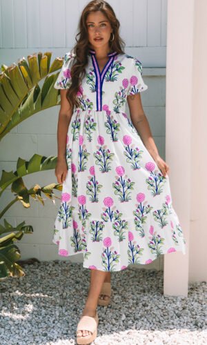 White Floral Puff Short Sleeve V Neck High Waist Maxi Dress