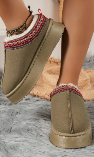 Sage Green Contrast Print Suede Plush Lined Snow Boots