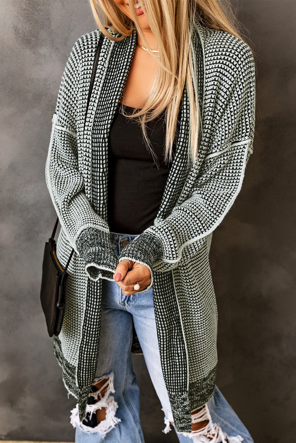 Gray Plaid Knitted Long Open Front Cardigan - Image 4