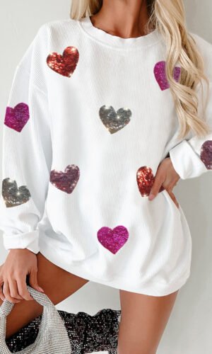 White Valentines Heart Patched Pattern Corded Pullover Sweatshirt