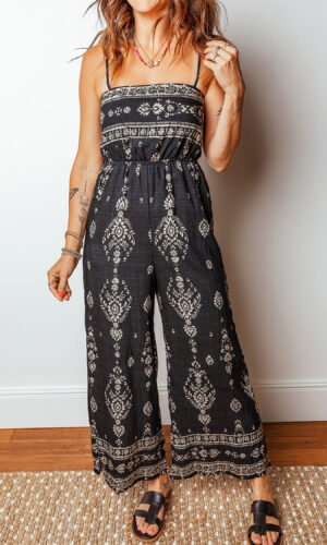 Black Spaghetti Straps Elastic Waist Loose Ethnic Print Jumpsuit