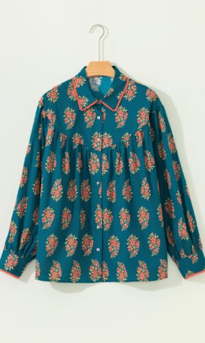 Green Plus Size Floral Print Contrast Lacy Trim Pleated Loose Shirt
