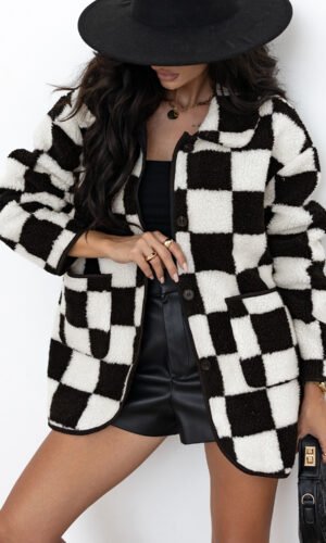 Black Checkered Side Pockets Collared Buttoned Fleece Jacket