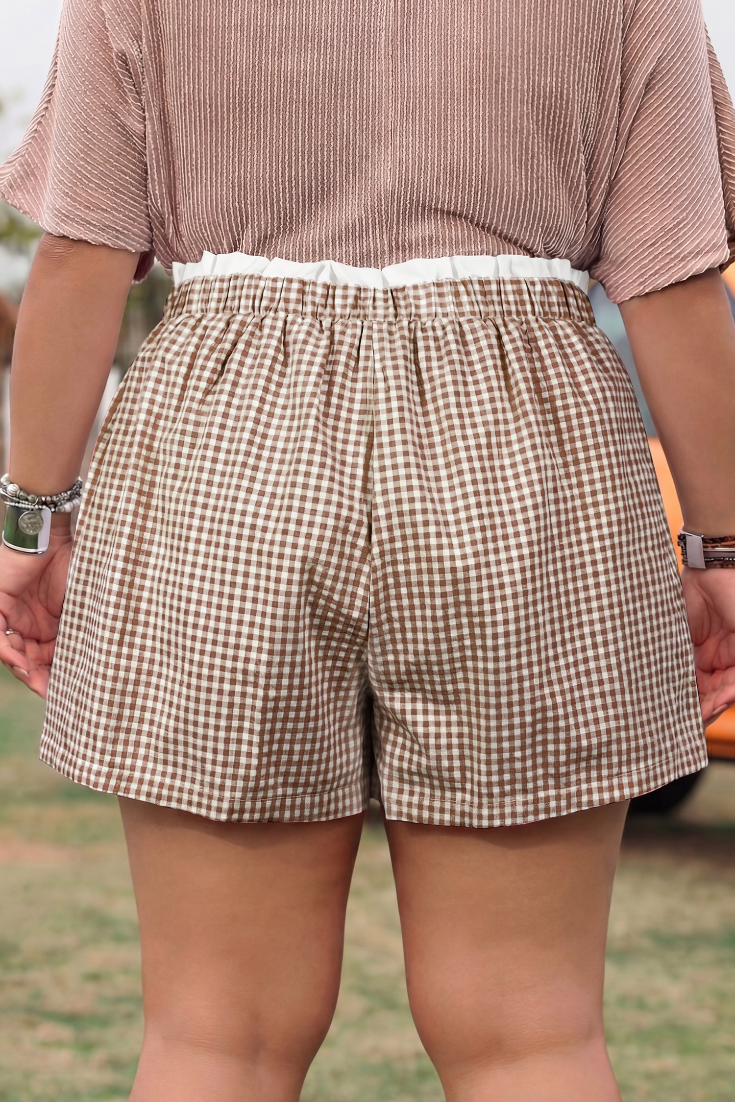 Khaki Contrast Trim Plaid Print Plus Size Shorts - Image 2