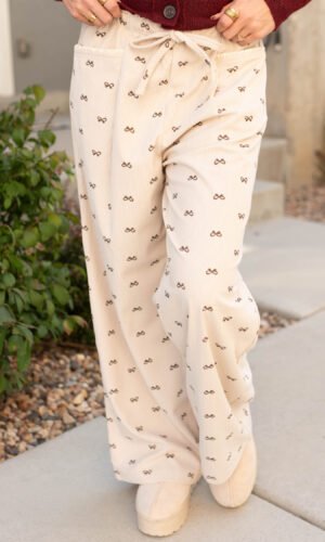 Apricot Bow Print Drawstring Elastic Waist Loose Corduroy Pants