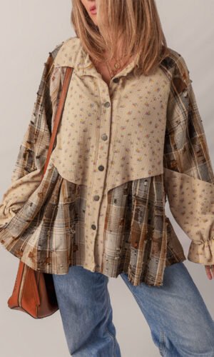 Oatmeal Boho Floral Plaid Patchwork Distressed Detail Ruffled Sleeve Waffle Knit Shacket