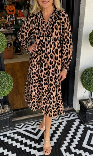 Brown Leopard Print Smocked Detail Flowy Midi Dress