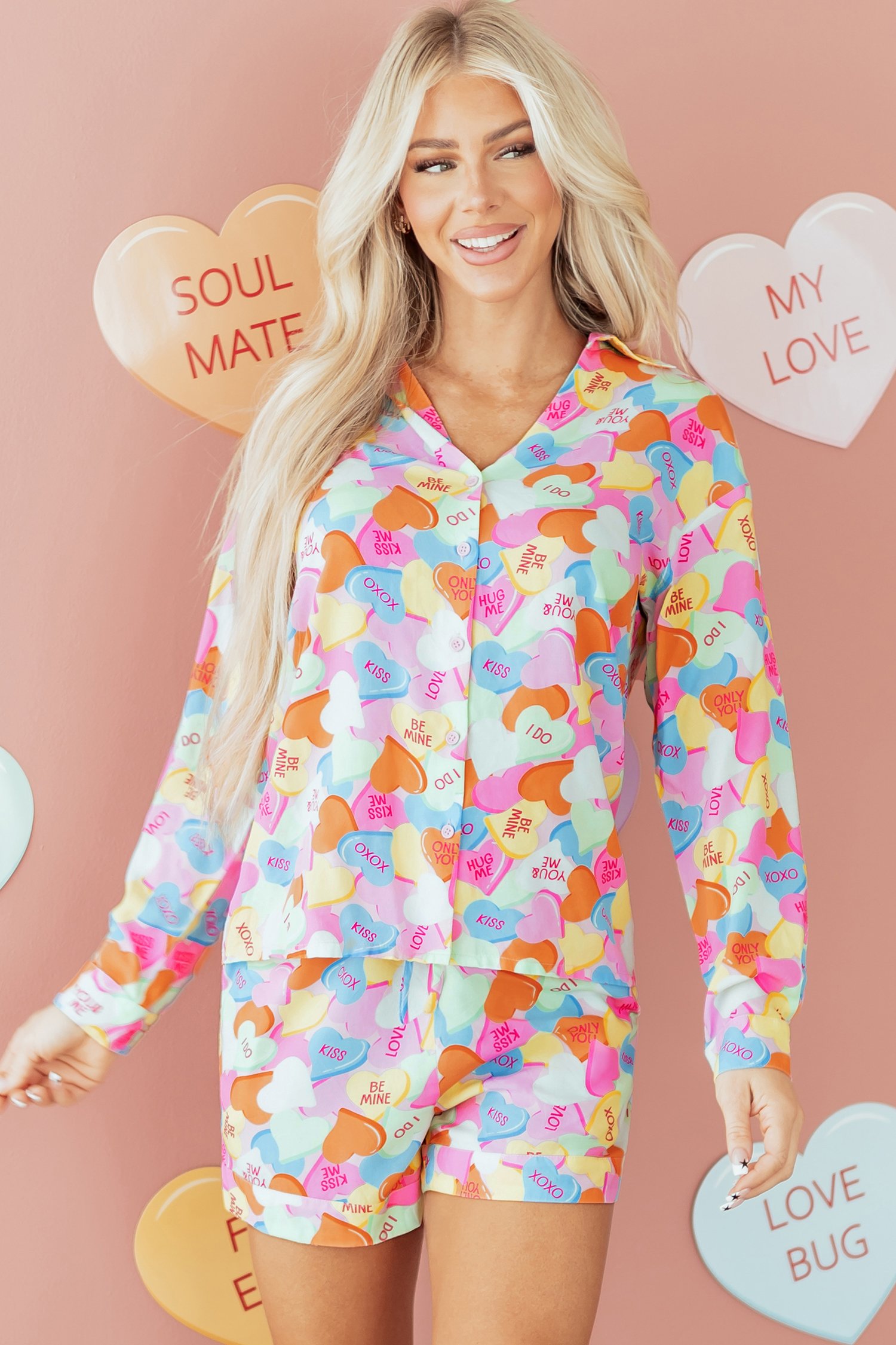 Pink Valentines Candy Heart V Neck Collared Tunic Shirt and Shorts 2pcs Pajama Set - Image 4