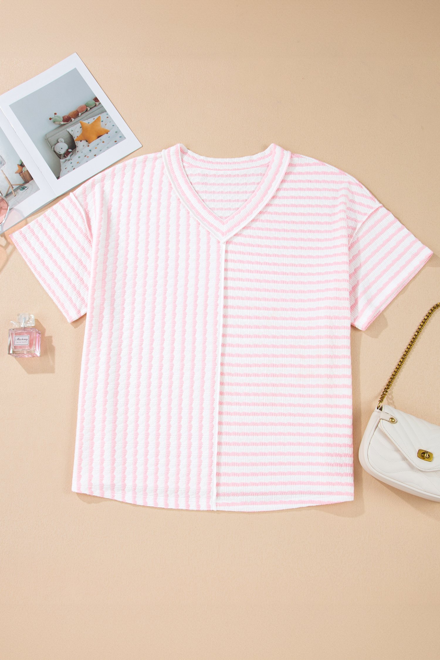 Pink Stripe Plus Size V Neck Exposed Seam Patchwork T Shirt - Image 4