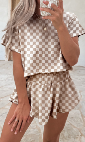 Brown Checkerboard T Shirt and High Waist Skorts 2 Piece Outfit