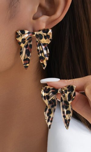 Gold Leopard Print Bow Knot Shape Plated Alloy Earrings