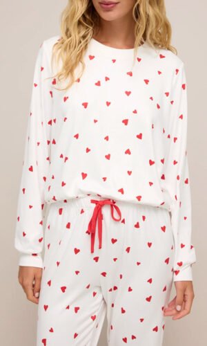 Fiery Red Tiny Hearts Printed Long Sleeve Top Drawstring Lounge Pant Set