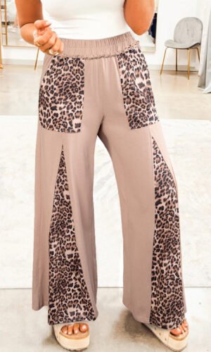 Straw Yellow Mineral Wash Leopard Patchwork Wide Leg Pants