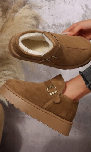 Coffee Buckle Detail Round Toe Platform Cozy Winter Boots