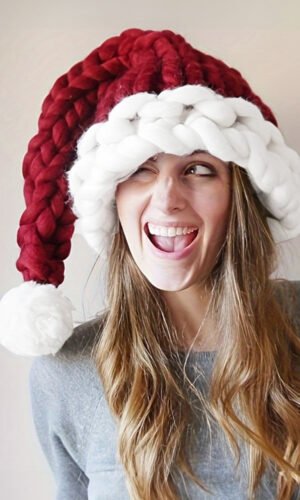 Dearlove Red Dahlia Color Block Pom Pom Decor Chunky Knitted Christmas Hat