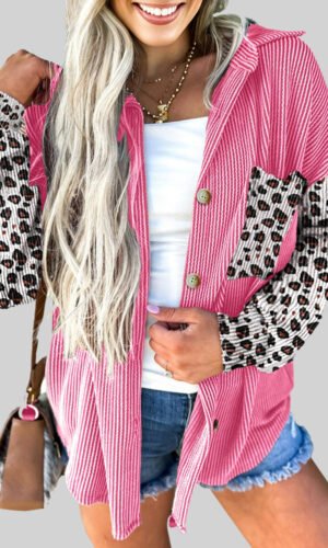Rose Red Leopard Patched Twisted Ribbed Western Casual Shacket