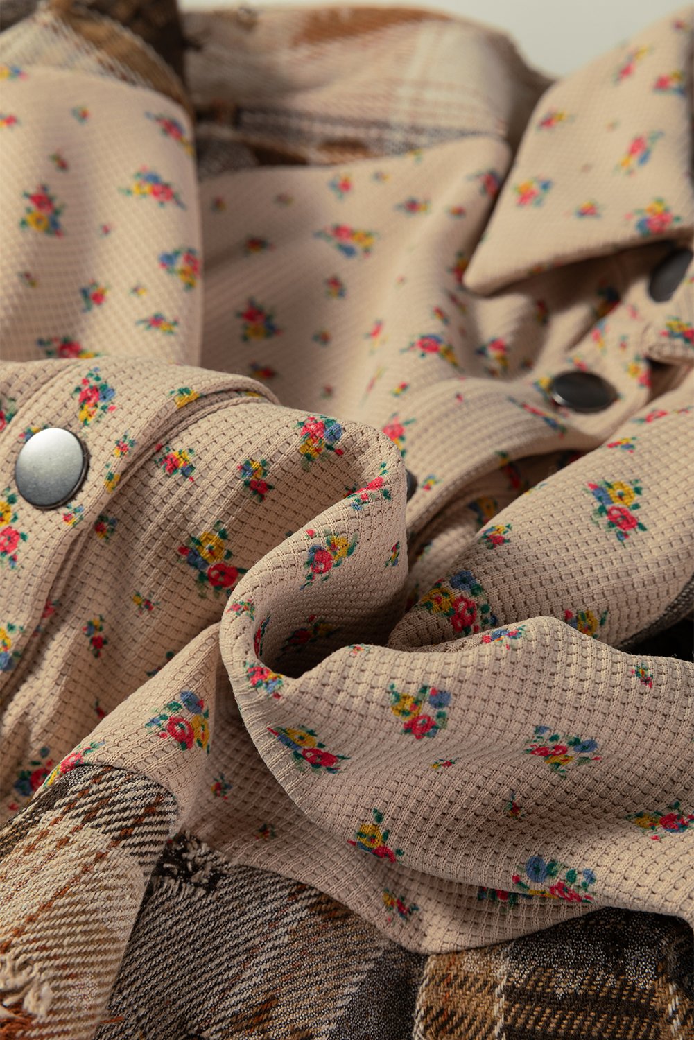 Oatmeal Boho Floral Plaid Patchwork Distressed Detail Ruffled Sleeve Waffle Knit Shacket - Image 7