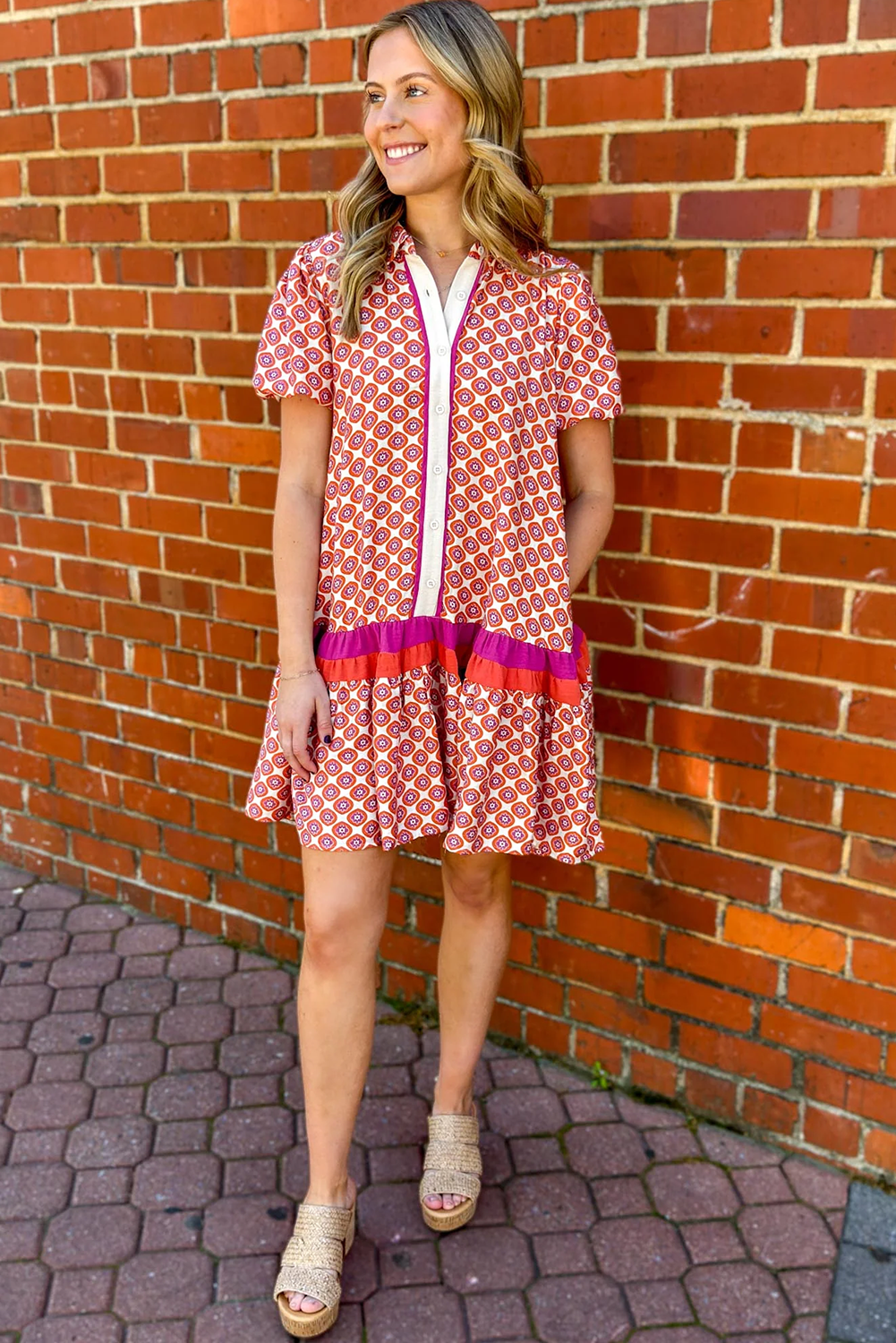 Orange Geometric Floral Print Color Block Trim Button Front Ruffle Hem Dress - Image 3