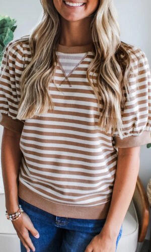 Orange Stripe Short Bubble Sleeve T Shirt