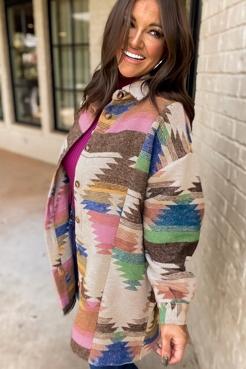 White Aztec Print Button Up Shacket - Image 3
