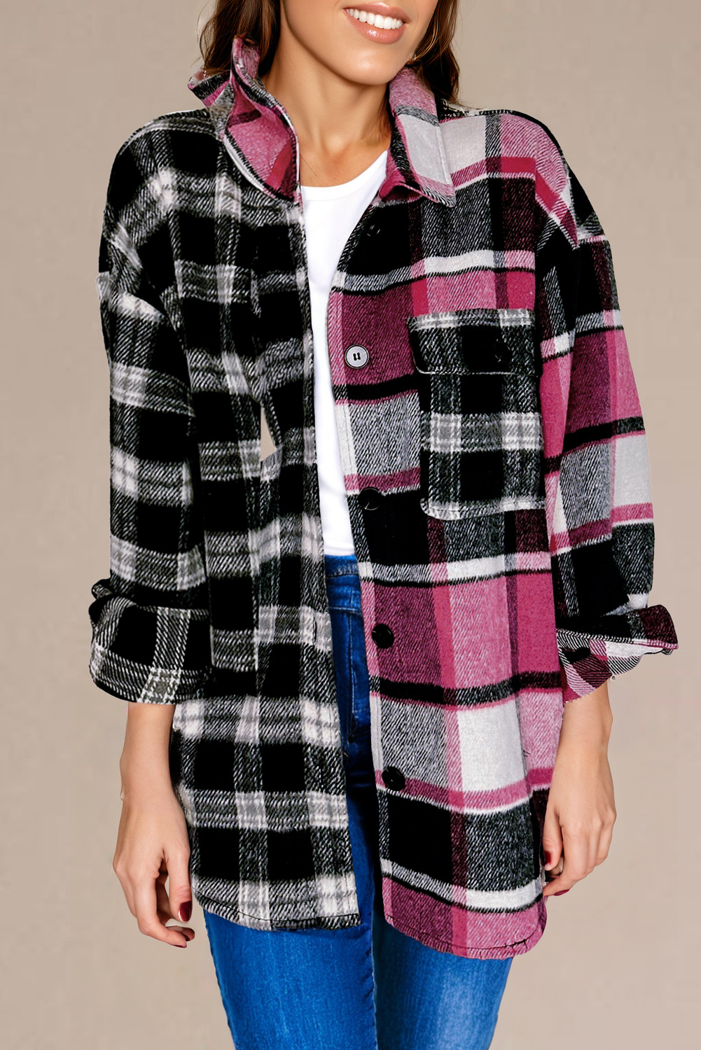 Black Plaid Colorblock Loose Shacket - Image 3