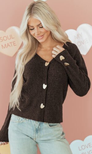 Chicory Coffee Heart Metal Button V Neck Cardigan Sweater