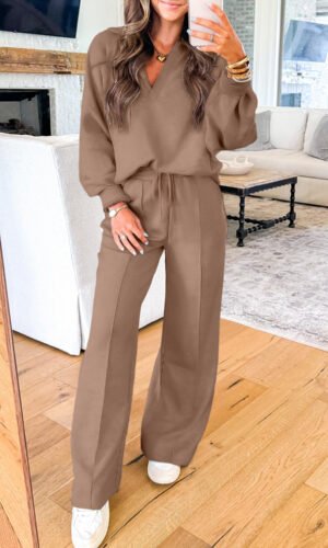 Dark Khaki Polo Collar V Neck Pullover and Drawstring Sweatpants Set