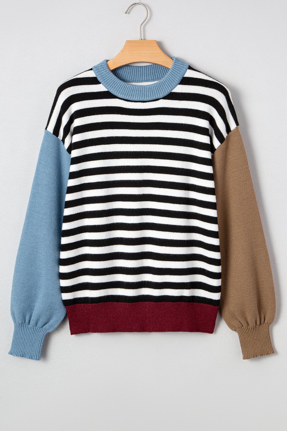 Color black Striped Panels Colorblock Sleeve Chic Sweater - Image 3