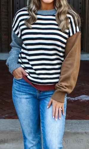 Color black Striped Panels Colorblock Sleeve Chic Sweater
