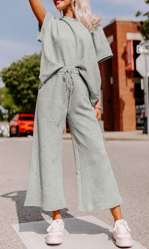 Gray Textured Loose Fit T Shirt and Drawstring Pants Set