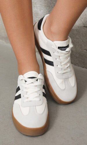 White Striped Lace-up Flat Sneakers