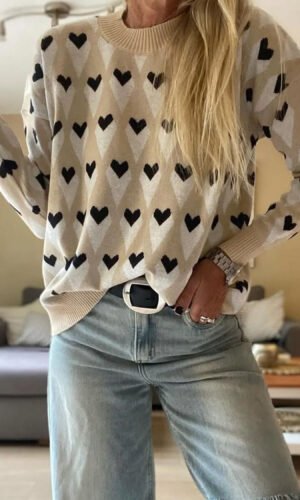 Parchment Geometric Heart Print Ribbed Trim Loose Sweater
