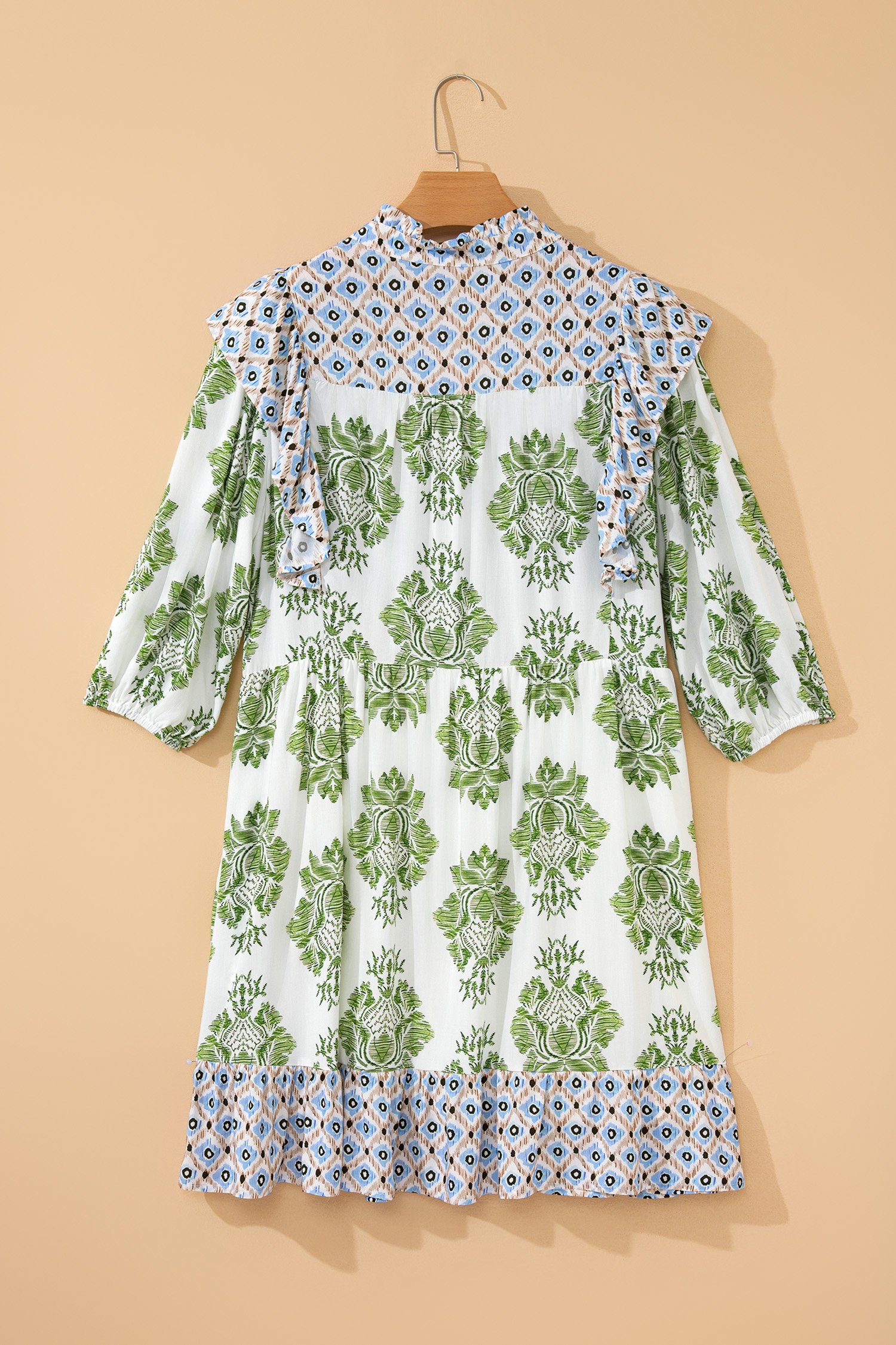 Green Floral Print Contrast Patchwork Ruffle Detail Mini Dress - Image 10