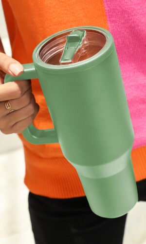 Dark Green Frosted Stainless Handle Large Vacuum Cup with Straw 40oz