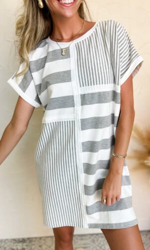 Gray Stripe Mixed Printed Short Sleeve Shift Mini T Shirt Dress