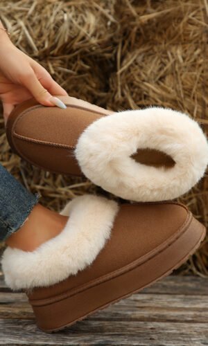 Chestnut Plush Suede Trim Thick Sole Flat Snow Boots