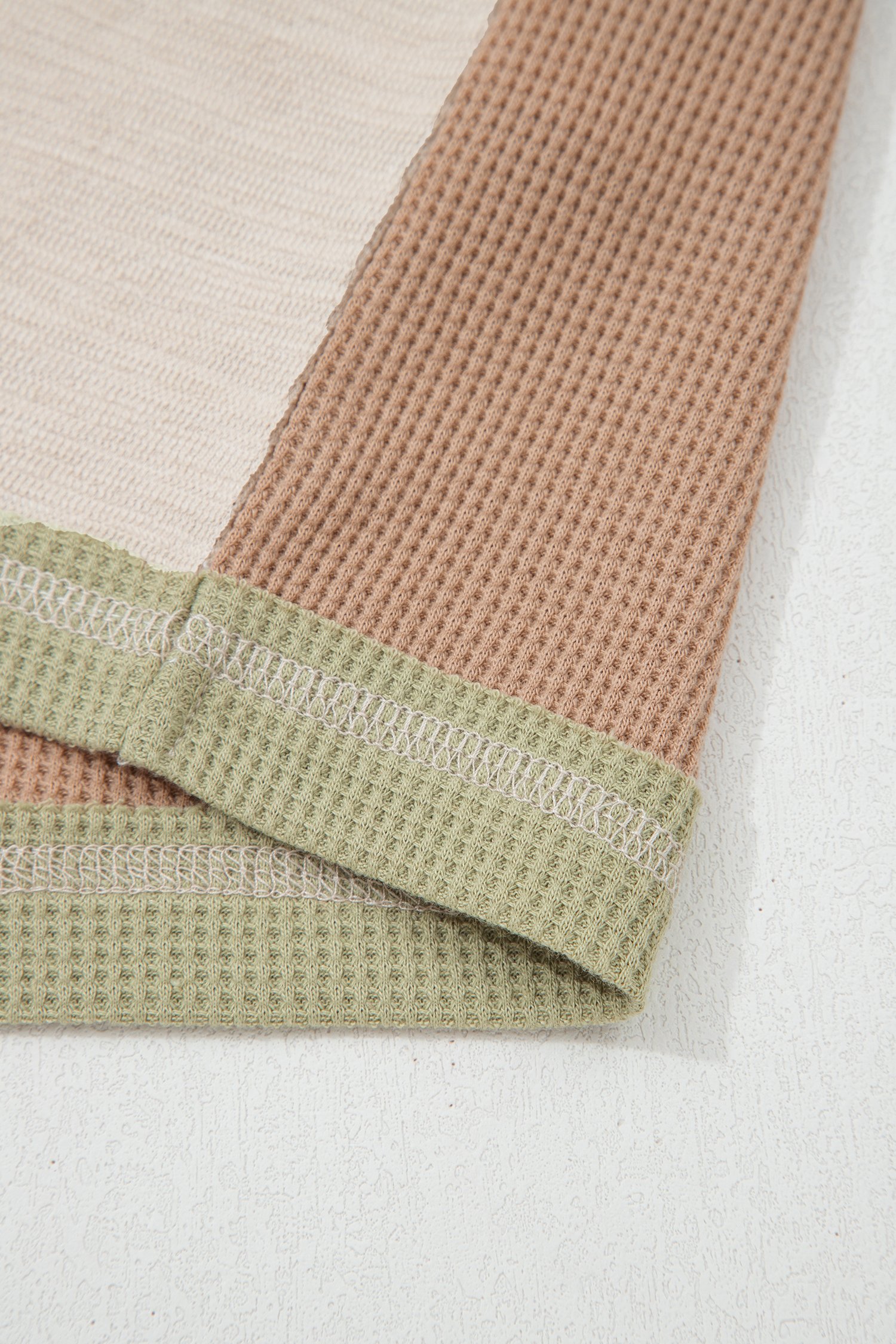 Green Plus Mixed Texture Color Block Patchwork V Neck Long Sleeve Top - Image 5