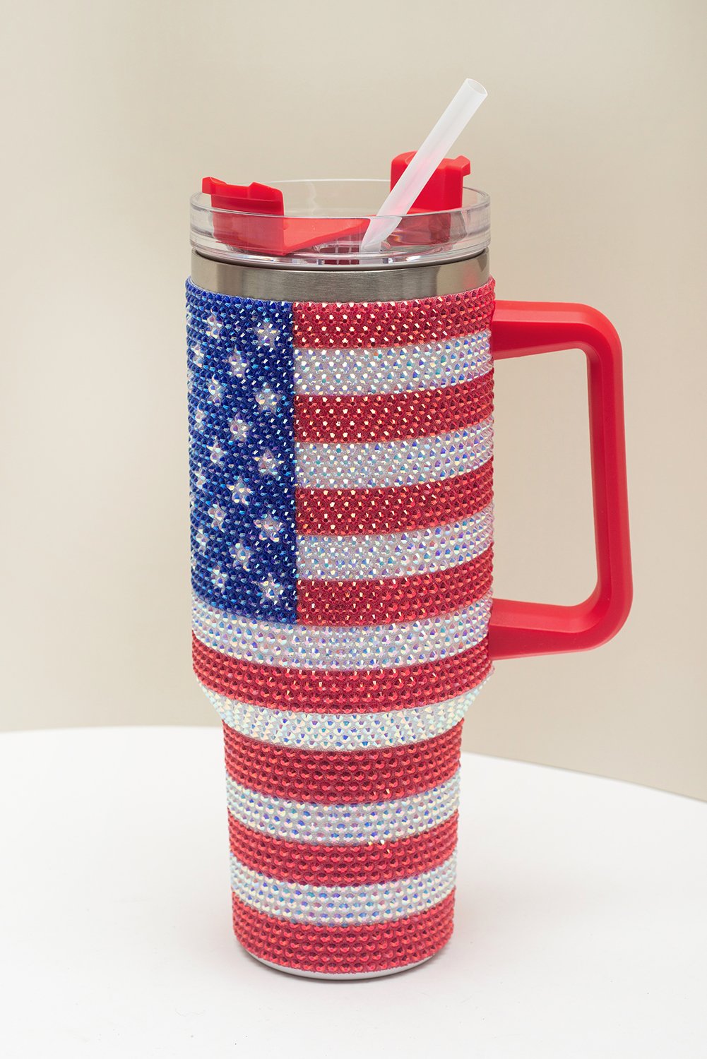 Red Rhinestone American Flag Print Handled 40oz Thermos Tumbler - Image 7