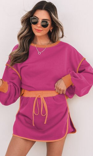 Rose Red Color Contrast Loose Pullover and Lace-up Waist Skort Set