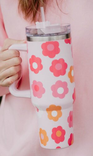 Multicolor Flower Print Handled Stainless Steel Vacuum Cup 40oz