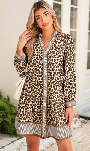 Brown Leopard Print Striped Patchwork 3/4 Sleeve Loose Mini Dress