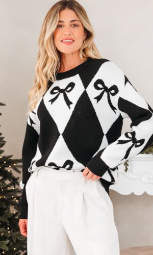 Black Bow Print 2-tone Rhombus Knit Loose Sweater