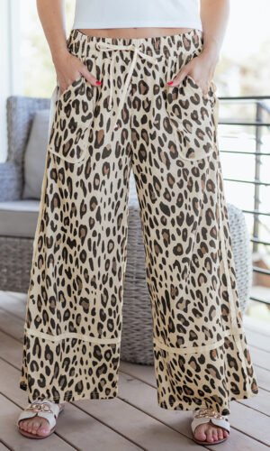 Khaki Leopard Wide Leg Cropped Pants