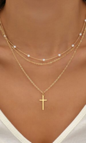 Gold Plated Cross Pendant Pearl Decor Triple Layer Chain Necklace