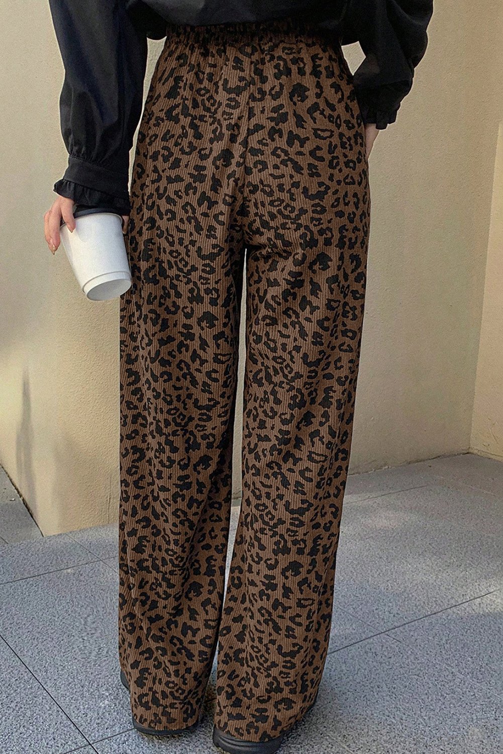 Dark Brown Leopard Print Elastic High Waist Loose Corduroy Pants - Image 5