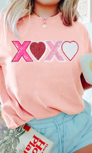 Pink Sequin Heart XOXO Patched Graphic Valentines T Shirt